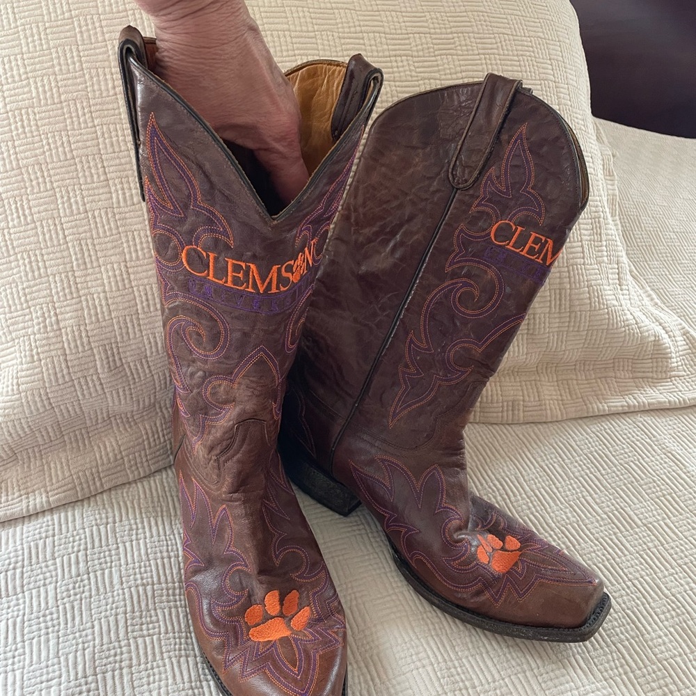 Brown Leather Cowboy Boots with Orange Embroidery